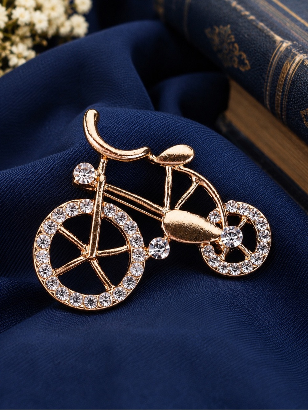 New Sparkly Gold-Tone Bicycle Brooch Clear Rhinestone Bike Pin Cyclist Gift